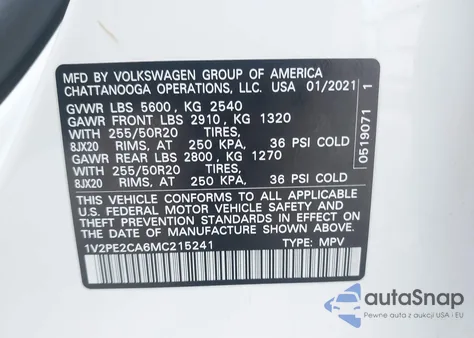 2021 Volkswagen Atlas Cross Sport 3.6L V6 Se W/Technology R-Line from USA, damaged, VIN 1V2PE2CA6MC215241